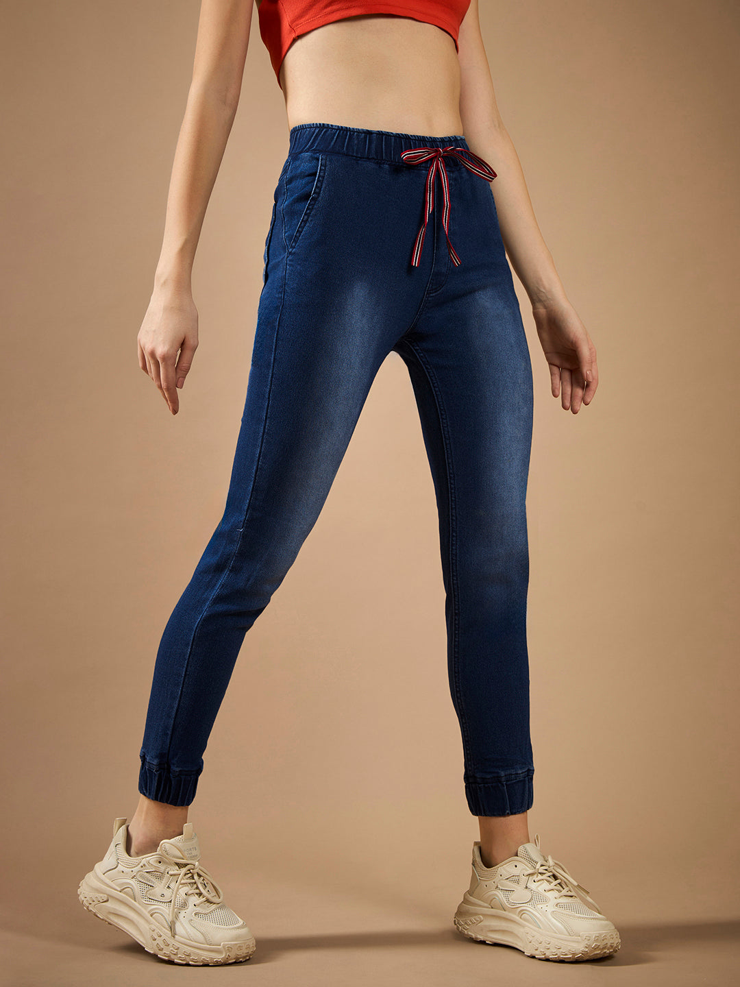Women's Navy Blue Solid Mid-Rise Clean-Look Regular-Length Stretchable Denim Jogger Pants
