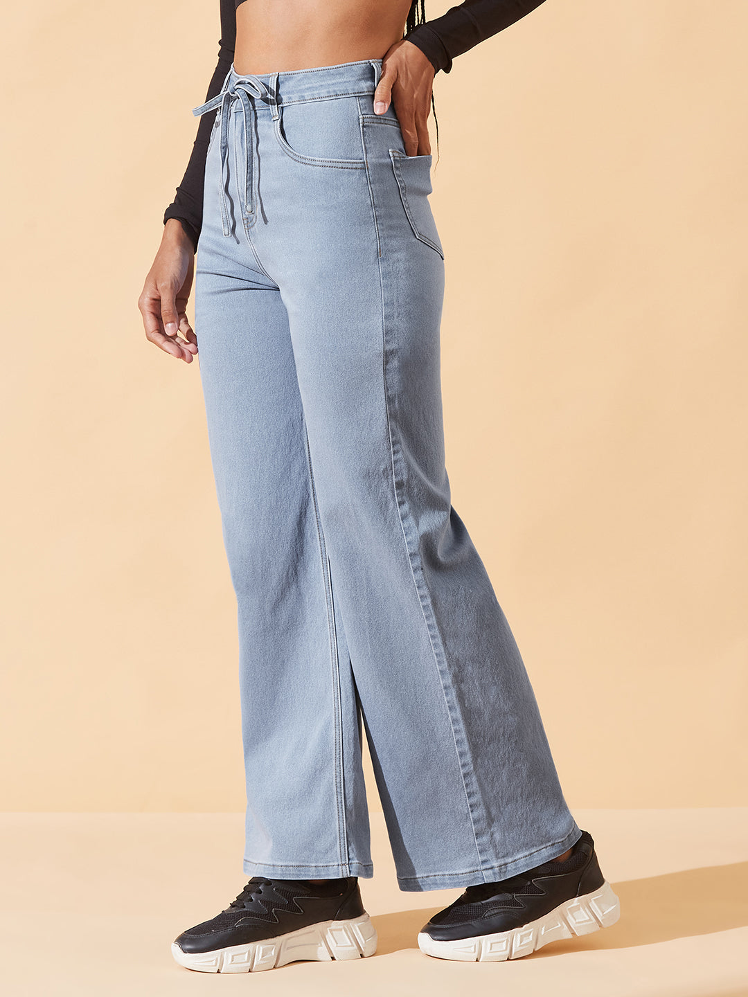 Light Blue High-Rise Wide Leg Stretch Denim Jeans with Tie-Up Waist For Women