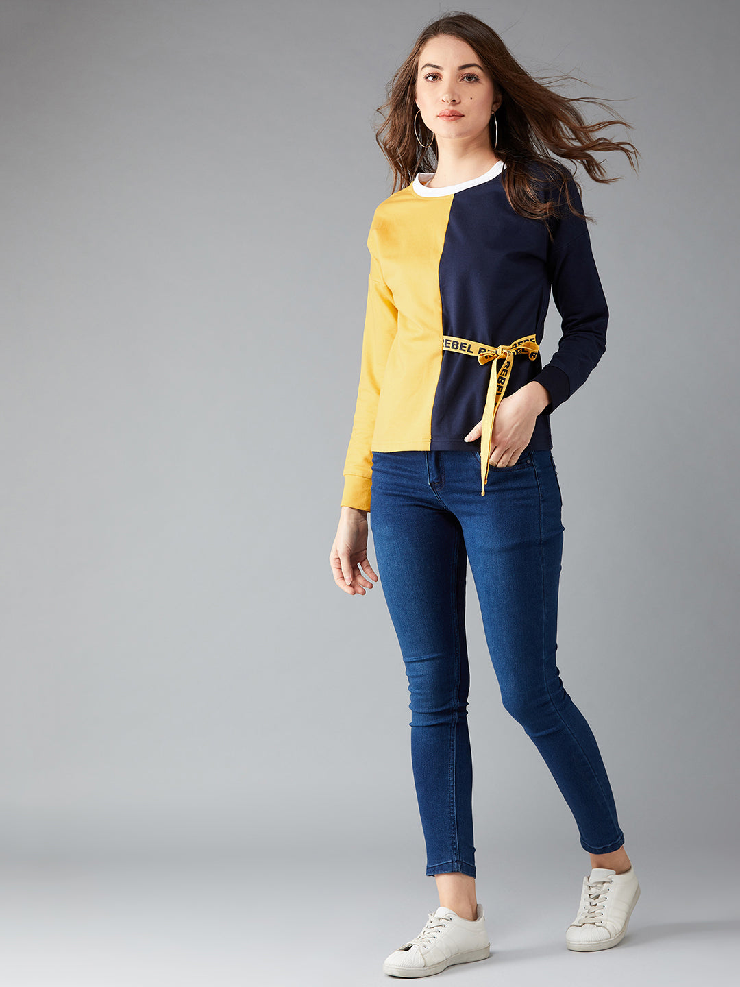 Women's Mustard & Navy Blue Round Neck Full sleeves Solid Color-Block Regular length Sweatshirt