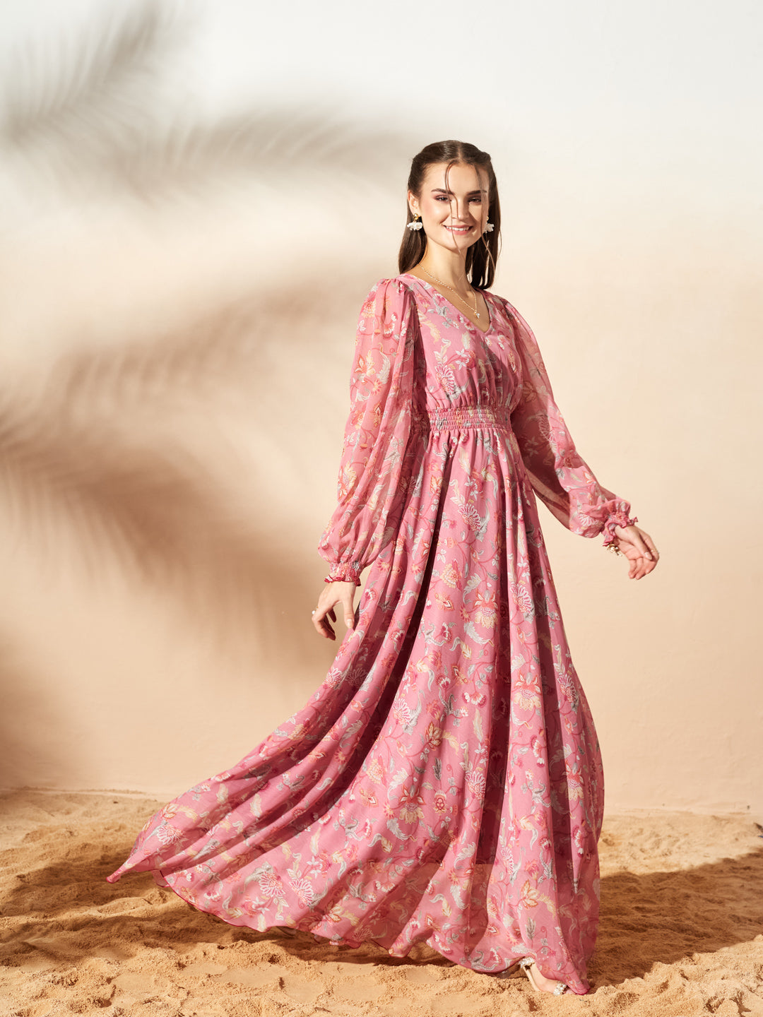 Desert Pink Multicoloured Full Sleeves Floral Printed Fit and Flare Dress for Women