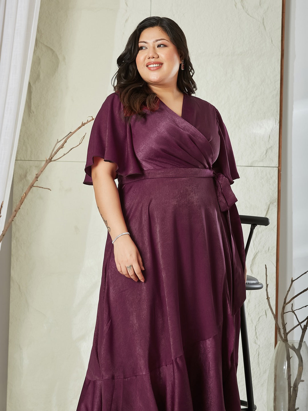 Mauve Relaxed Fit Maxi Georgette & Sequins Dress for Women