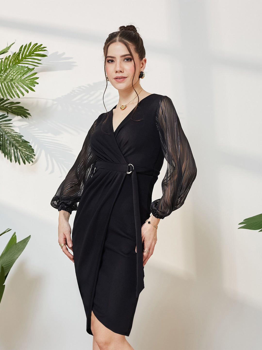 Black Solid V Neck Bishop Sleeves Front Pocketed Polyester Wrap Knee-Length Dress for Women