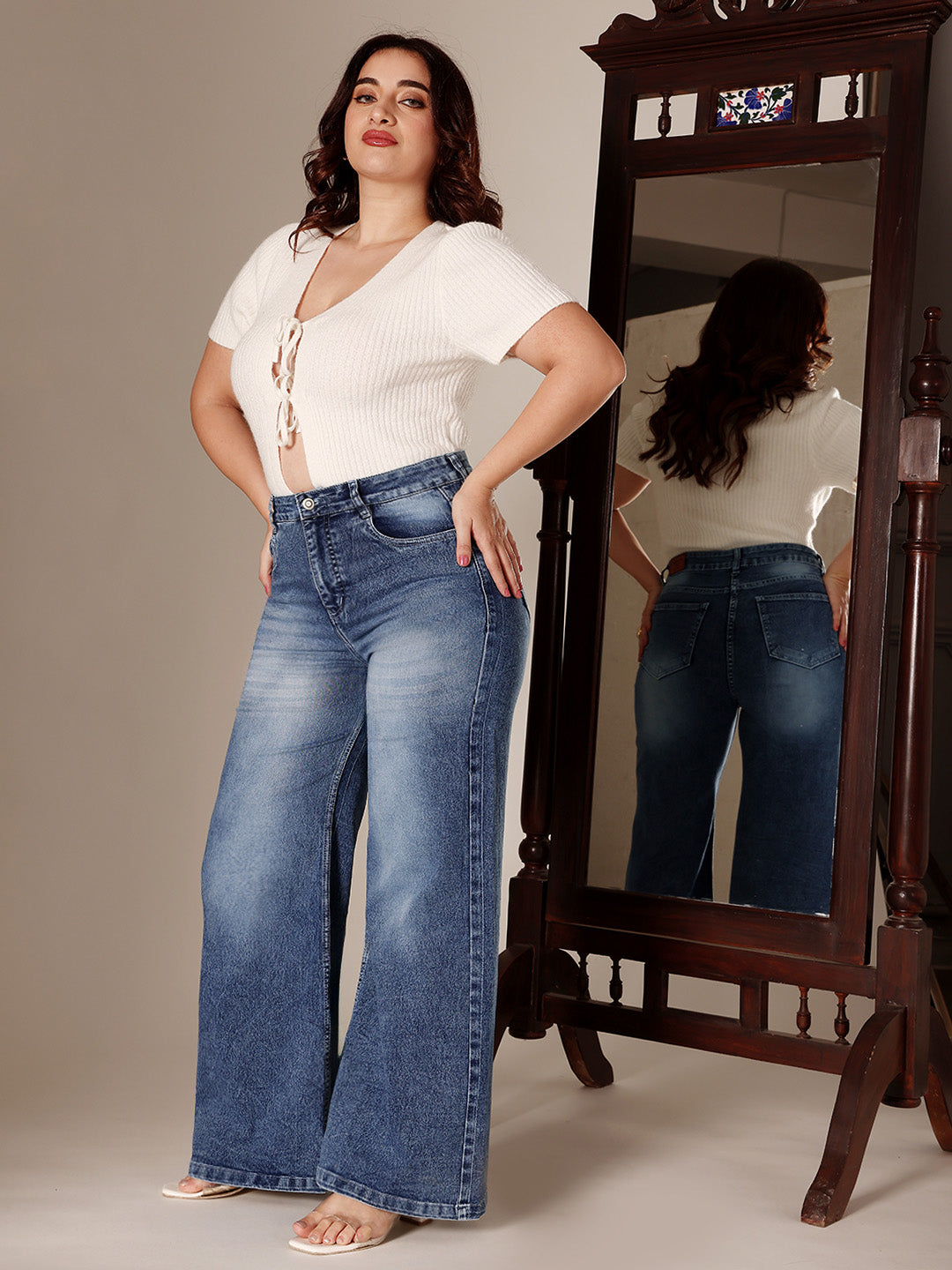 CHASEshape™ Mid Blue High Rise Stretchable Denim Wide Leg Jeans for Women