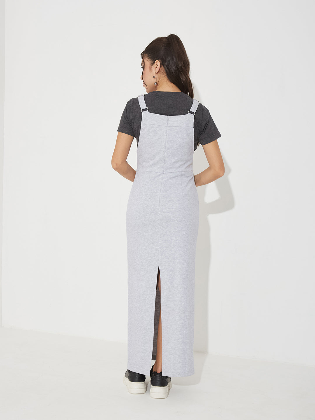 Grey and Black Solid Cotton Pinafore Maxi Co-ord Set with Utility Pockets for Women