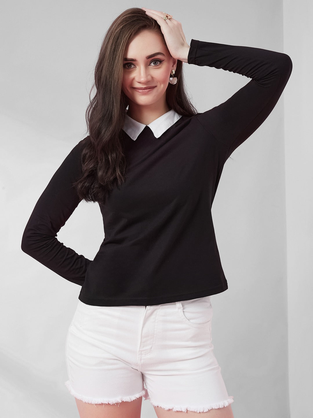 Black Collared Round Neck Full Sleeve Cotton Solid Buttoned Top for Women