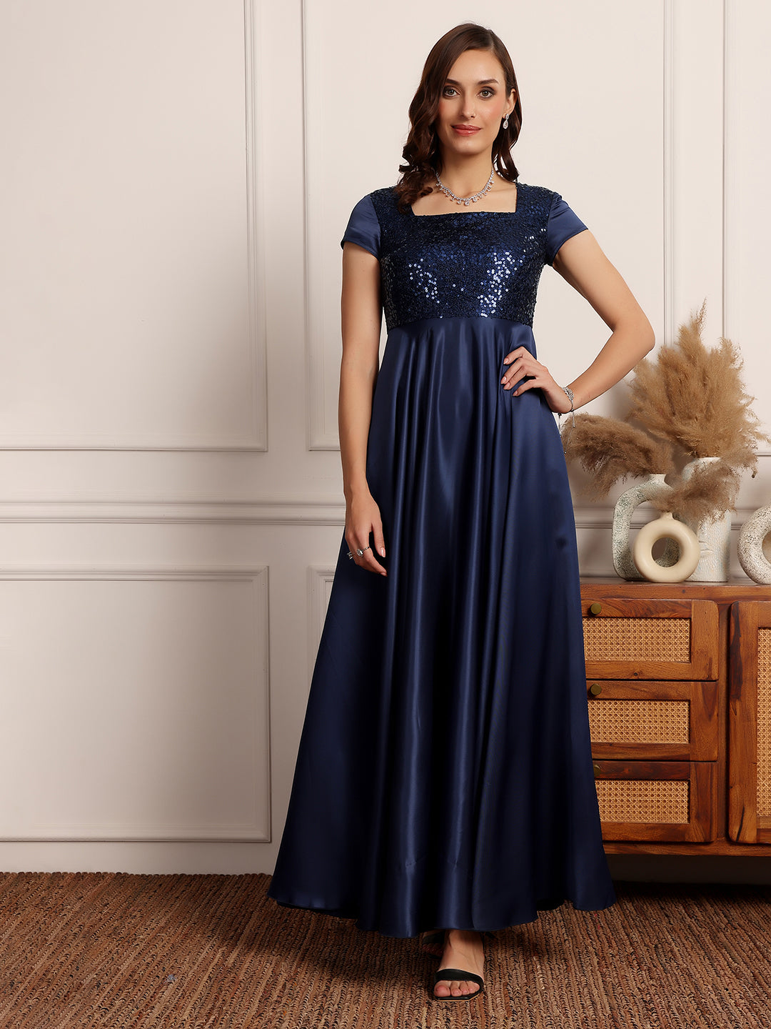 Women's Navy Blue Square Neck Short Sleeve Embellished Fit & Flare Maxi Dress