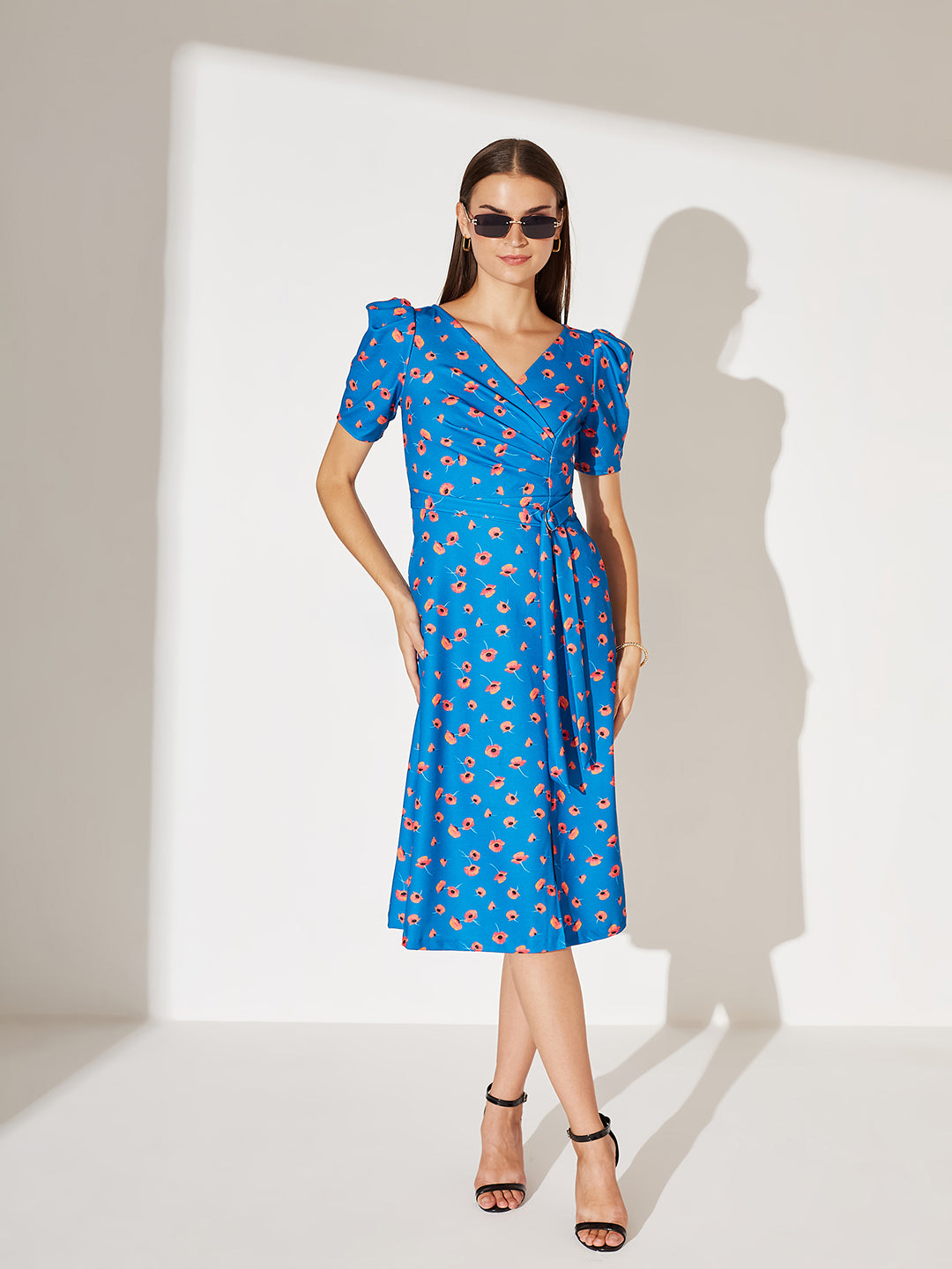 Blue V-Neck Pleated Puff Sleeve Floral Patterned Wrap Midi Polyester Dress for Women