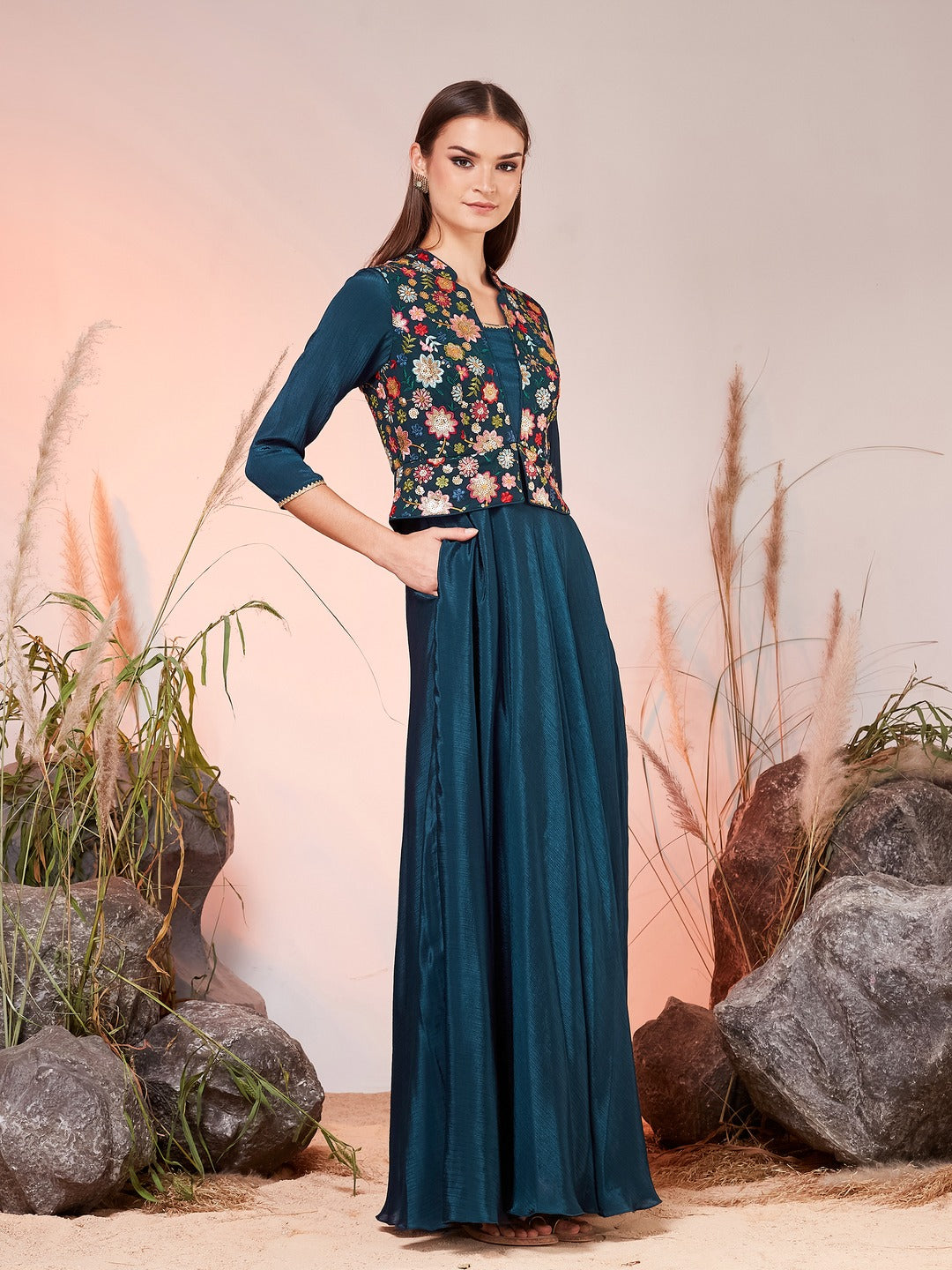 Teal Mandarin Collar Tapered Square Neck 3/4 Sleeve Embellished Jacket Style Maxi Chiffon Ethnic Dress for Women