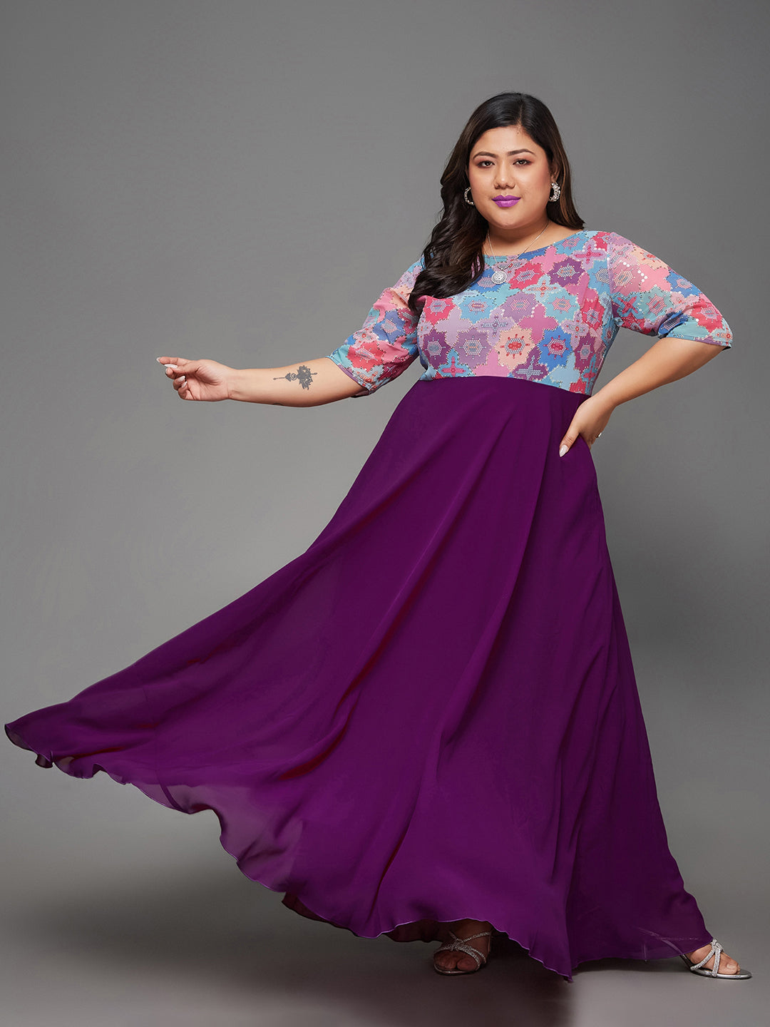 Women's Multicolored-Base-Dark Purple Boat Neck Half Sleeve Geometric Fit & Flare Georgette Maxi Dress