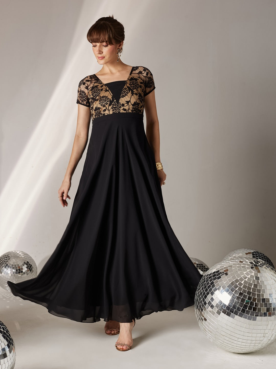 Black Square Neck Raglan Short Sleeve Self Design Lace Overlaid Georgette Maxi Dress for Women