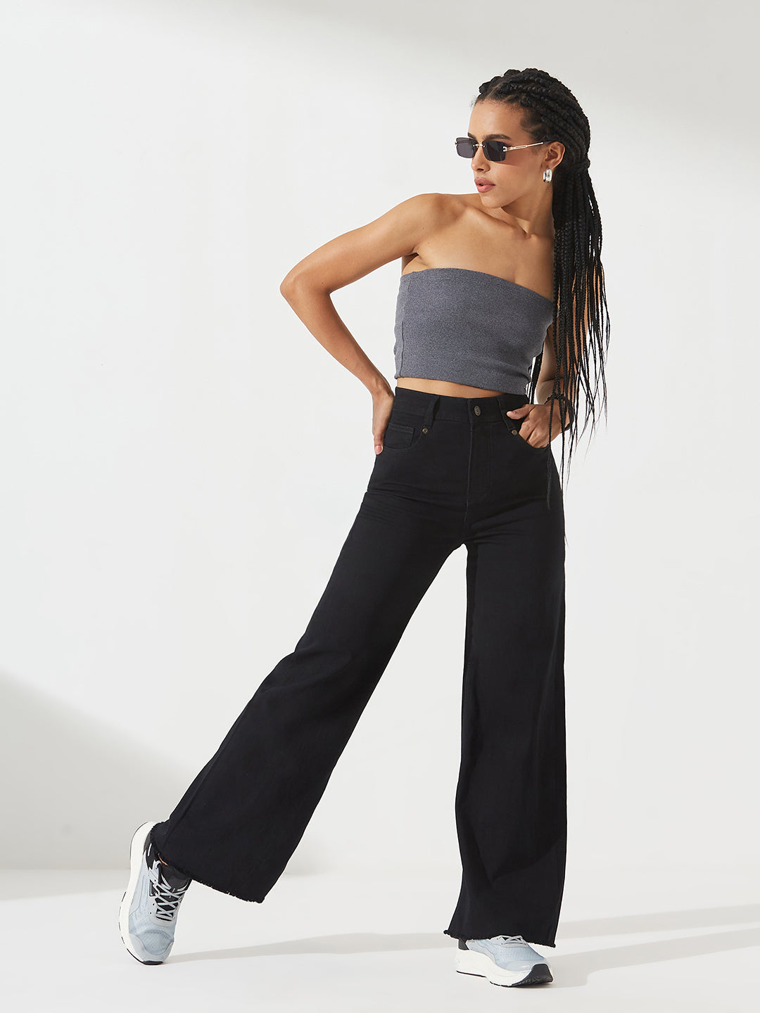 Black High-Rise Stretchable Wide Leg Denim Jeans For Women