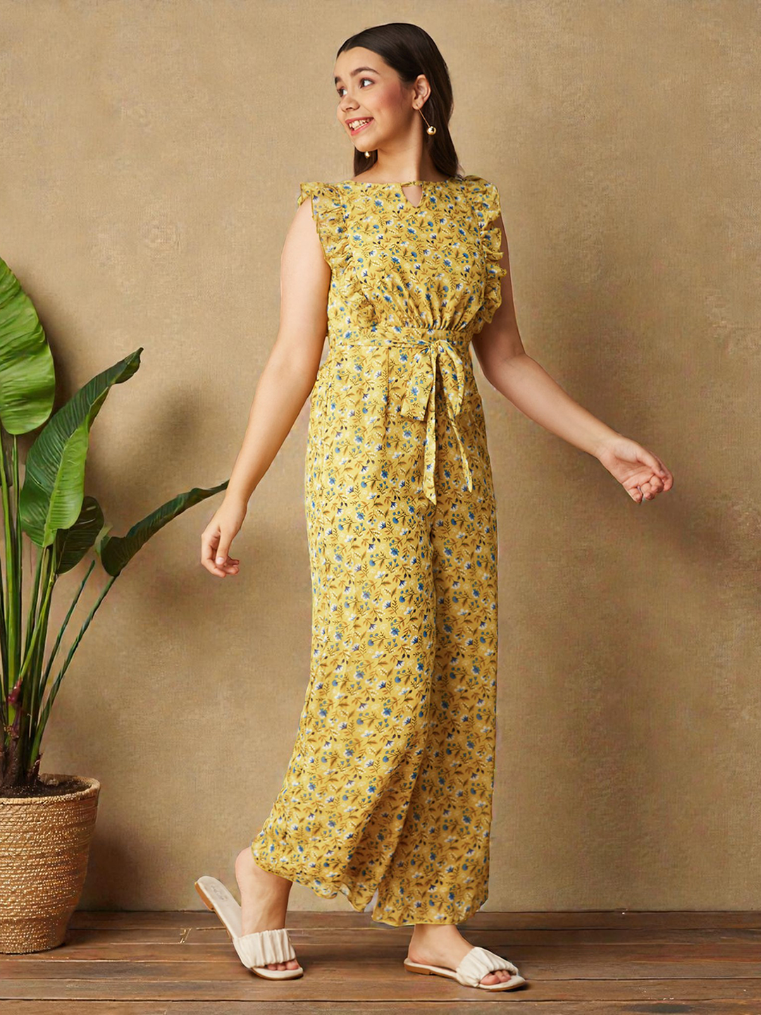Multicolored-Base-Yellow Round neck Sleeveless Floral Wide-Leg Regular Jumpsuit for Girls/Teenagers