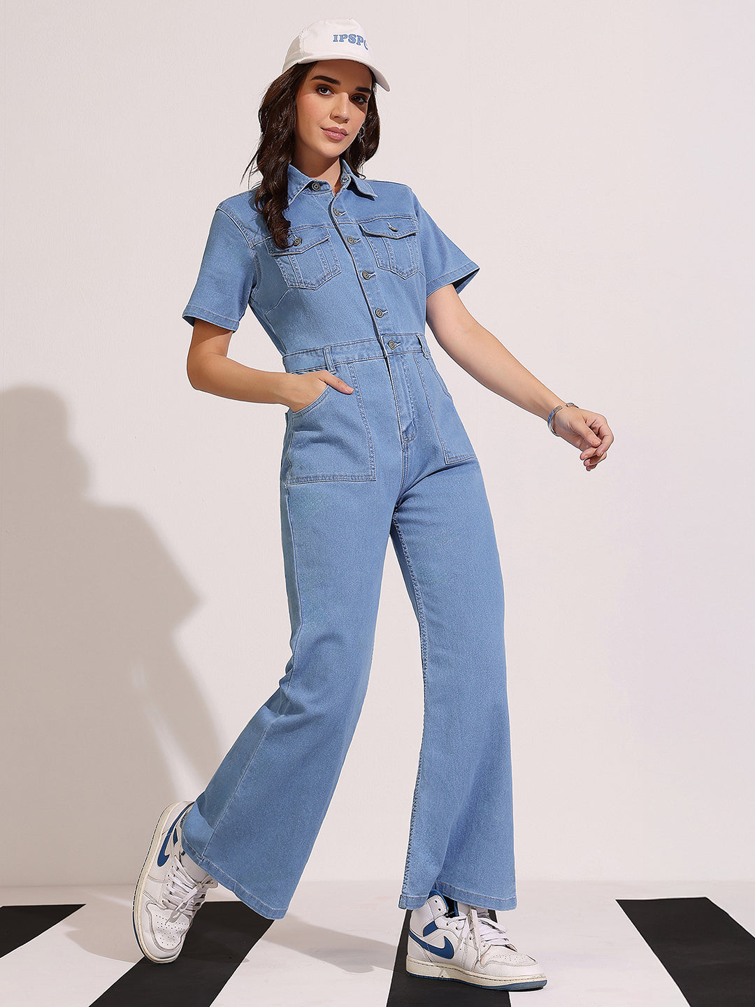 Women's Light Blue Flared High Rise Regular Length Stretchable Denim Jumpsuit