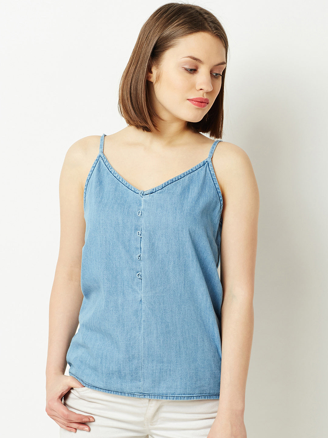 Light Blue V Neck Sleeveless Cotton Solid Denim Spaghetti Top For Women