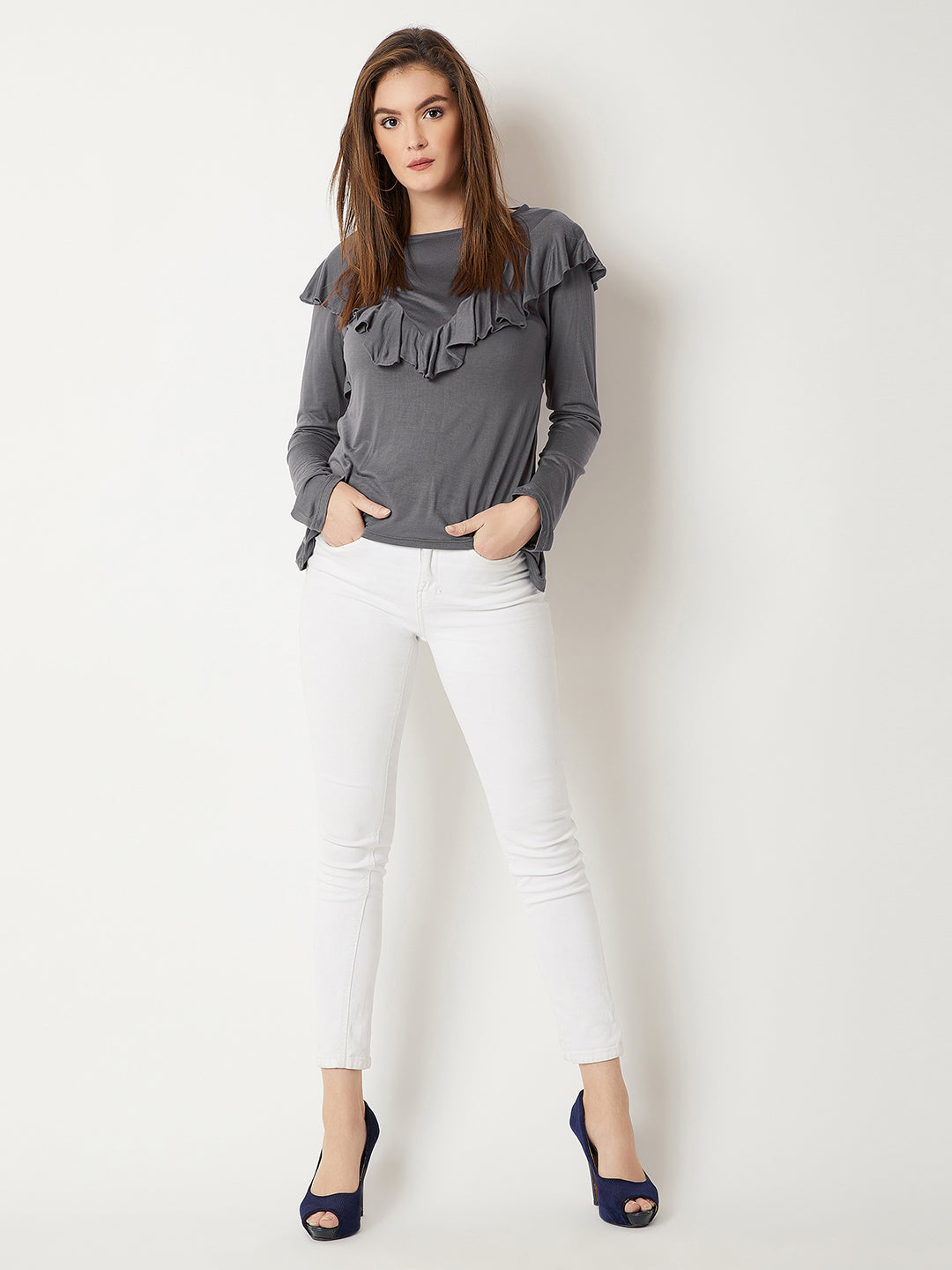 Women's Grey Round Neck Full Sleeves Solid Ruffled Top