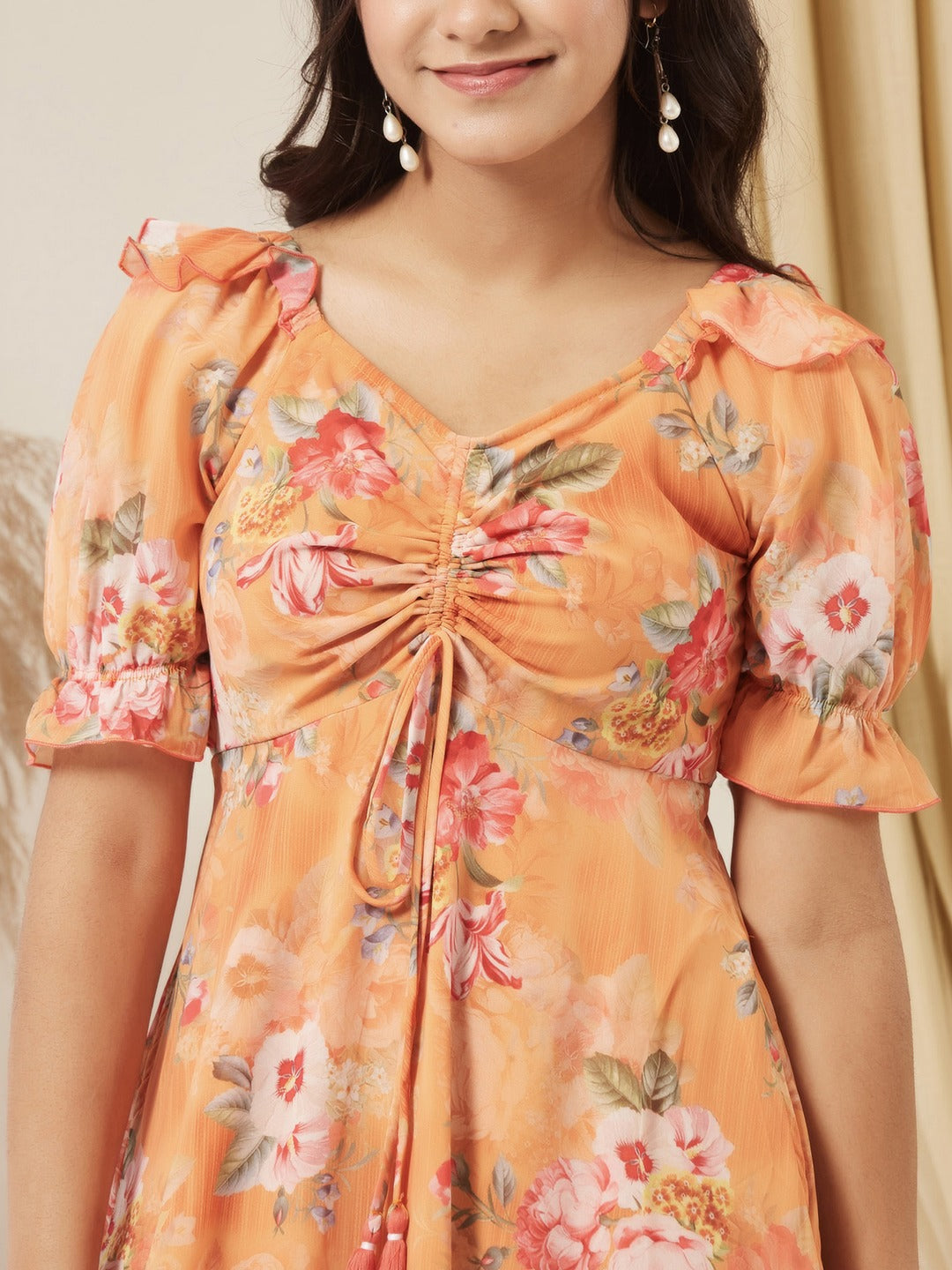 Orange V-Neck Puff Sleeve Floral Ruching Ankle-Length Dress for Girls/Teenagers