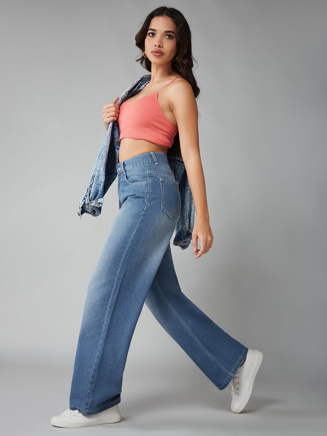 Women's Light Blue Wide-Leg High-Rise Clean-Look Regular-Length Non-stretchable Denim Jeans