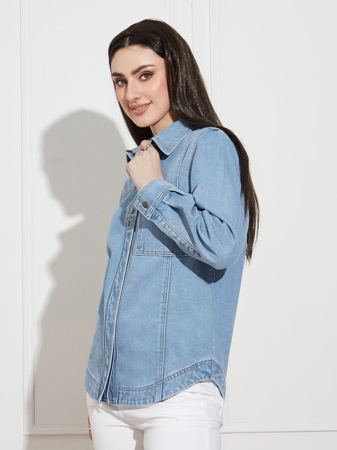 Women’s Light Blue Asymmetric Denim Shirt – Full Sleeves, Relaxed Fit, Collared