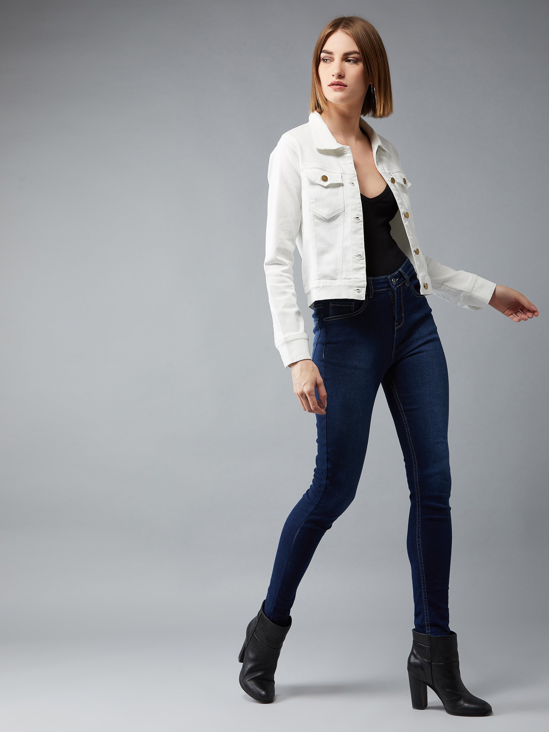 Women's White Polo Neck Full Sleeves Denim Solid Cropped Jacket