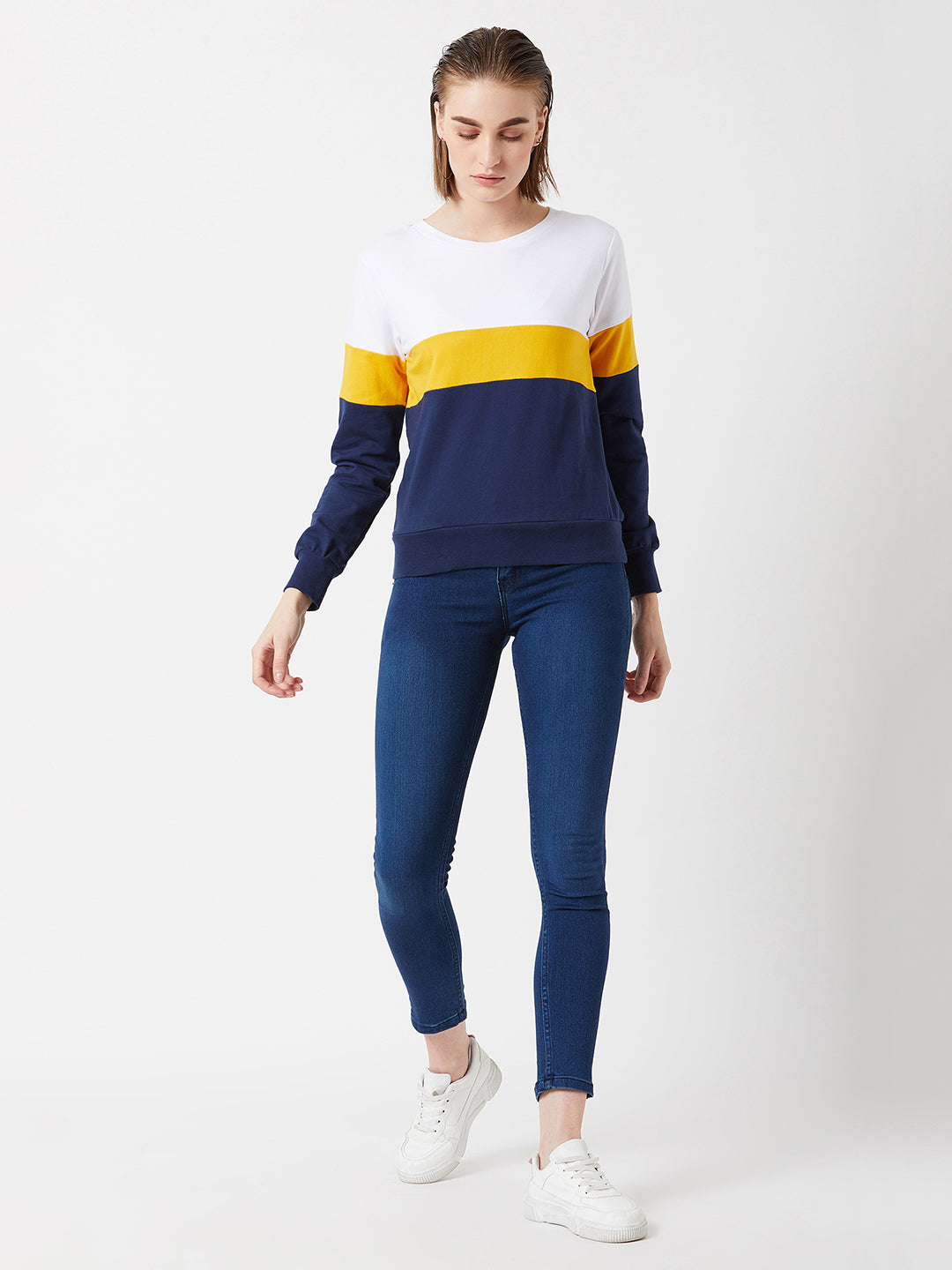 Women's Multicolored With A Navy Blue Base Round Neck Full Sleeves Cotton Solid Color block Paneled Boxy Sweatshirt