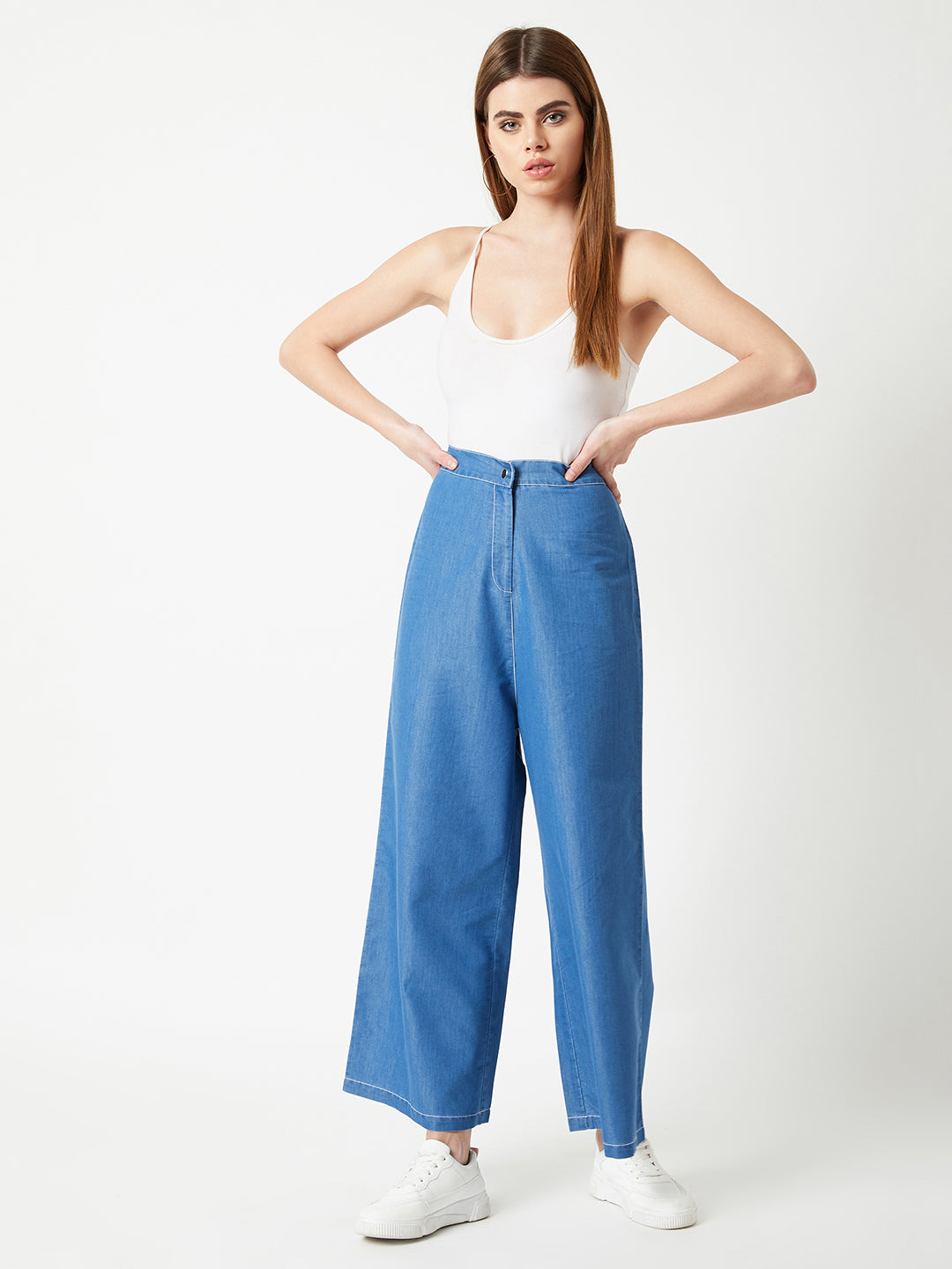 Women's Blue Wide-Leg High Rise Light Weight Clean Look Regular Length Light Weight Denim Pants