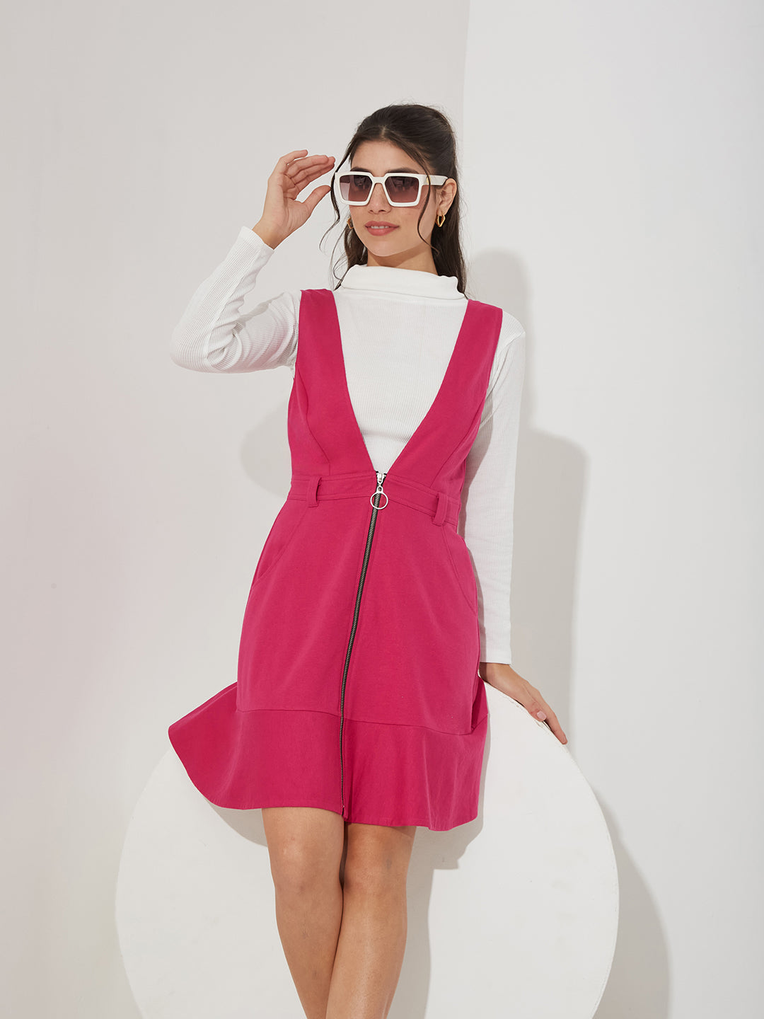 Pink Solid Polyester Pinafore Dress with Zipper Detail and Side Pockets for Women