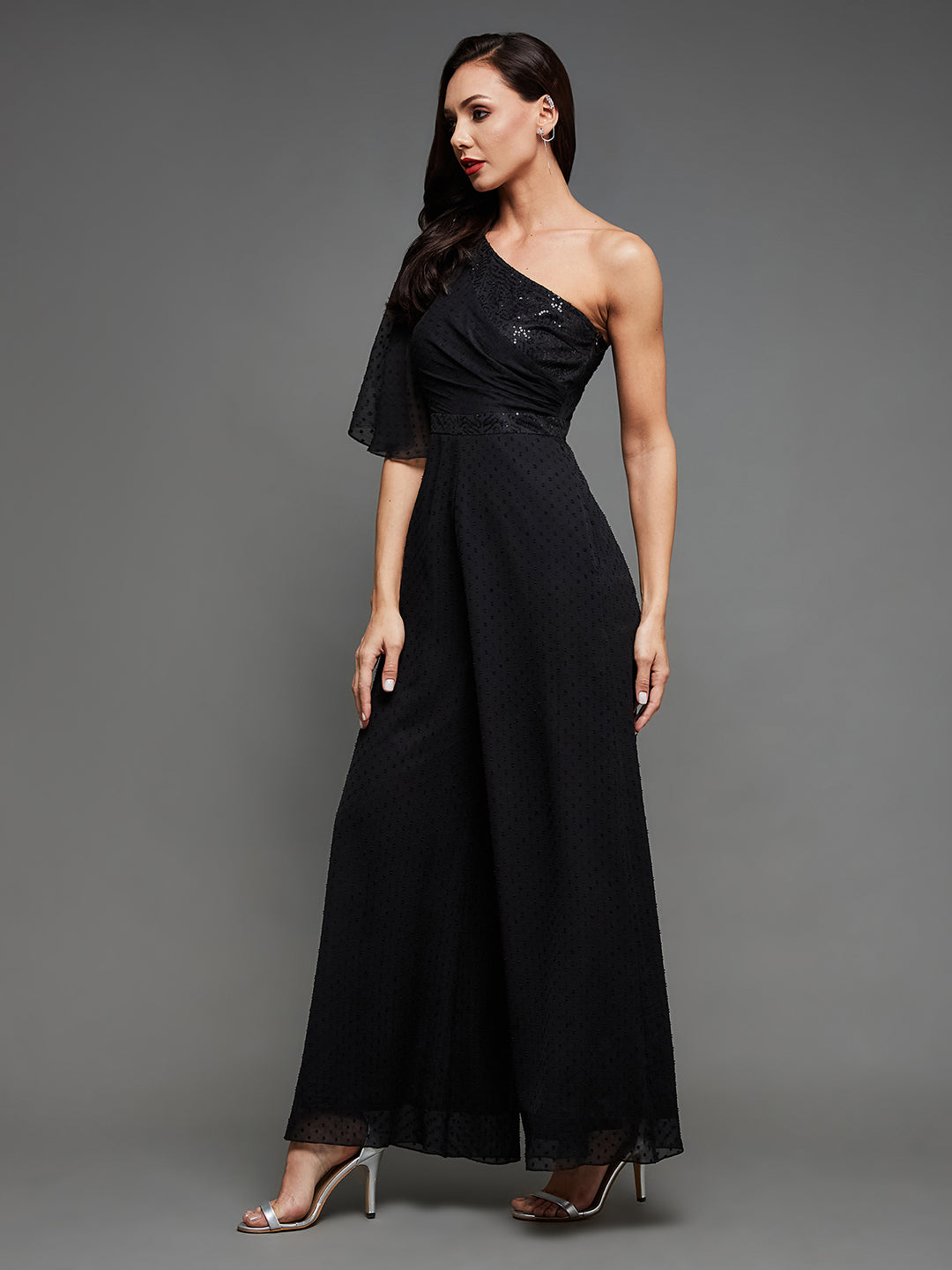 Women's Cocktail Black Flared Sleeve Sequined One Shoulder Chiffon Party Jumpsuit