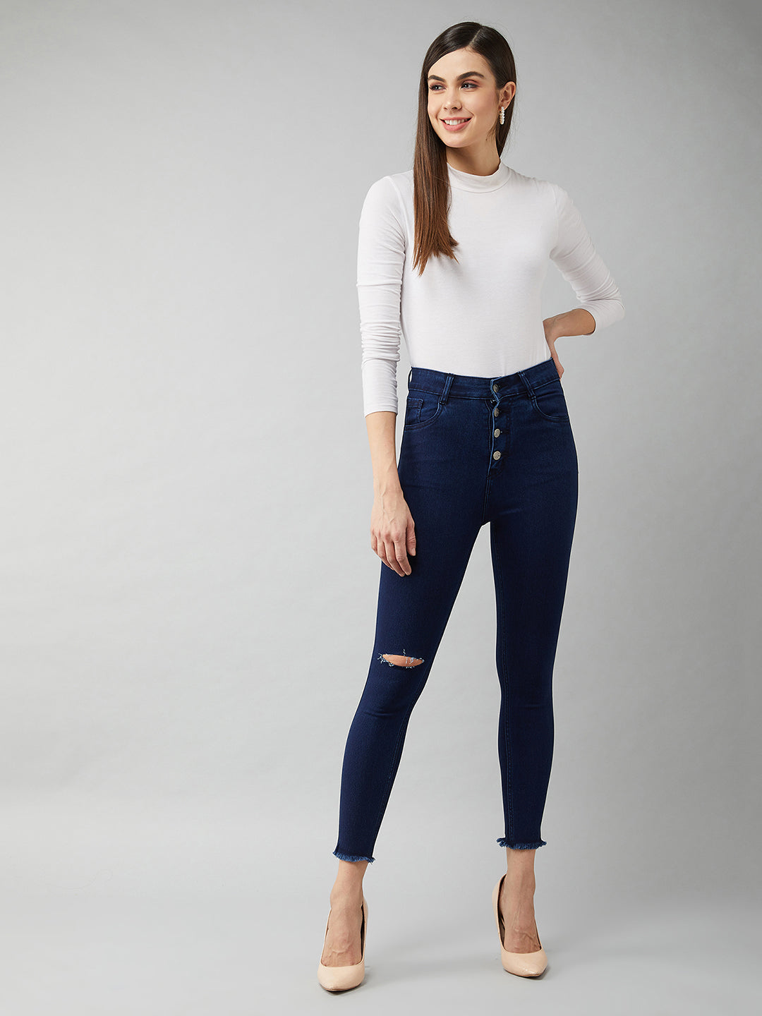 Women's Navy Blue Cotton Skinny Fit Cropped High Rise Stretchable Denim Jeans