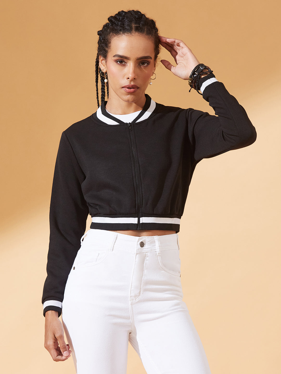 Black V-Neck Full Sleeves Loopknit, Rib Solid Bomber Cropped Jacket for Women