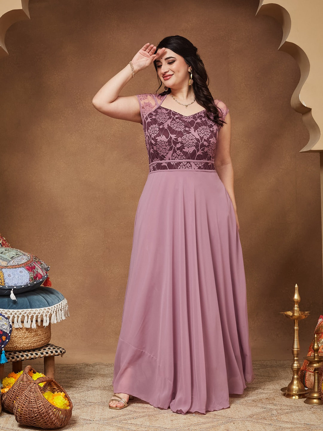 Lavender & Wine V-Neck Cap Sleeves Floral Lace Fit & Flare Maxi Dress for Women