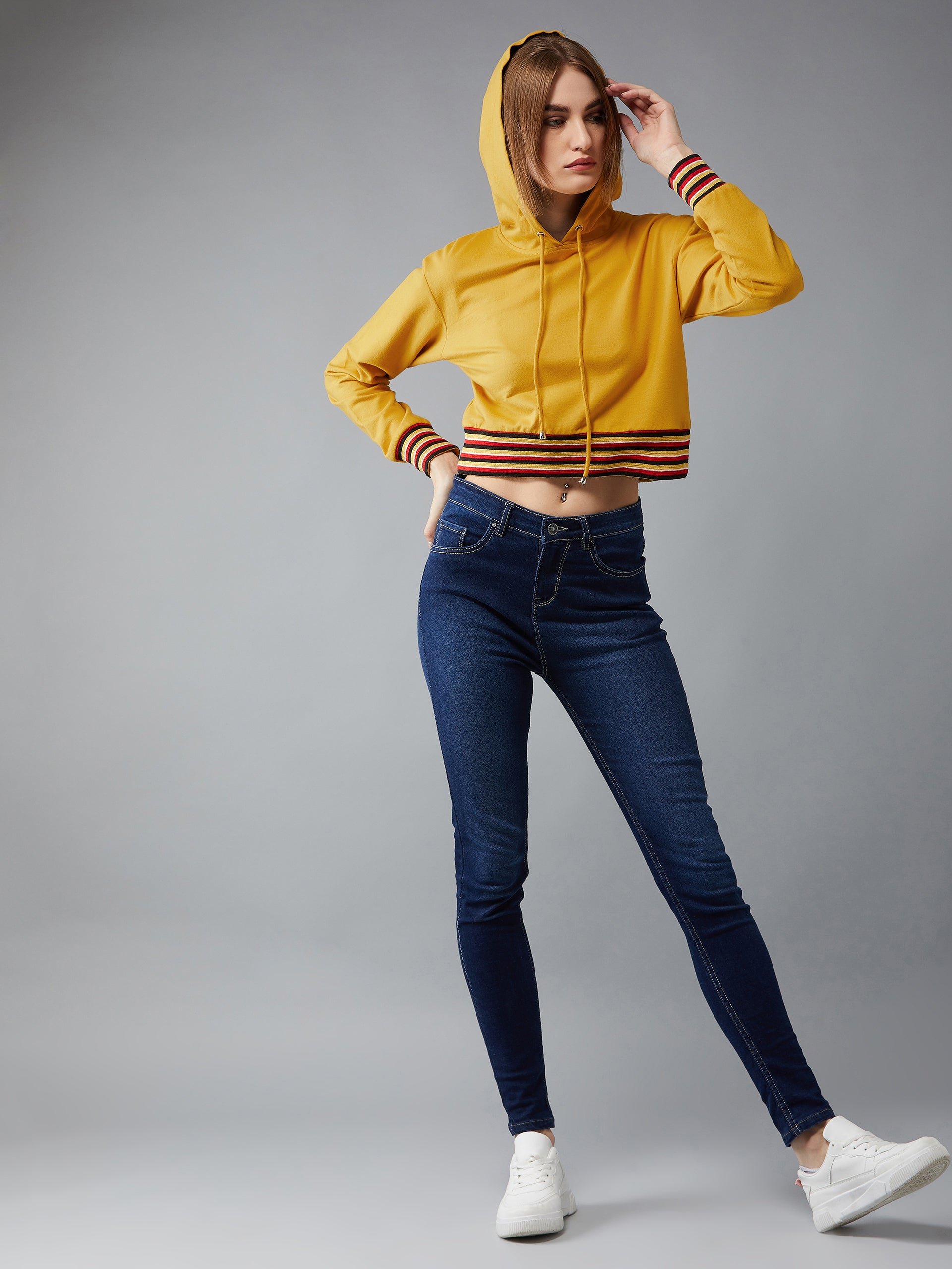 Women's Mustard Yellow Hooded Full Sleeves Loopknit, Rib Solid Boxy Cropped Eyelet Detailing Sweatshirt