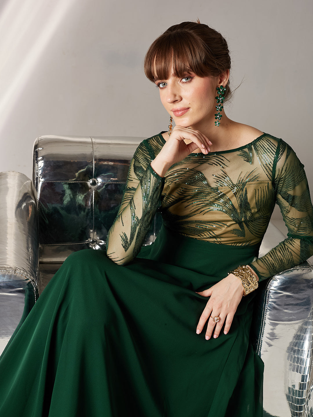 Women's Green & Beige Solid Embellished Maxi Dress