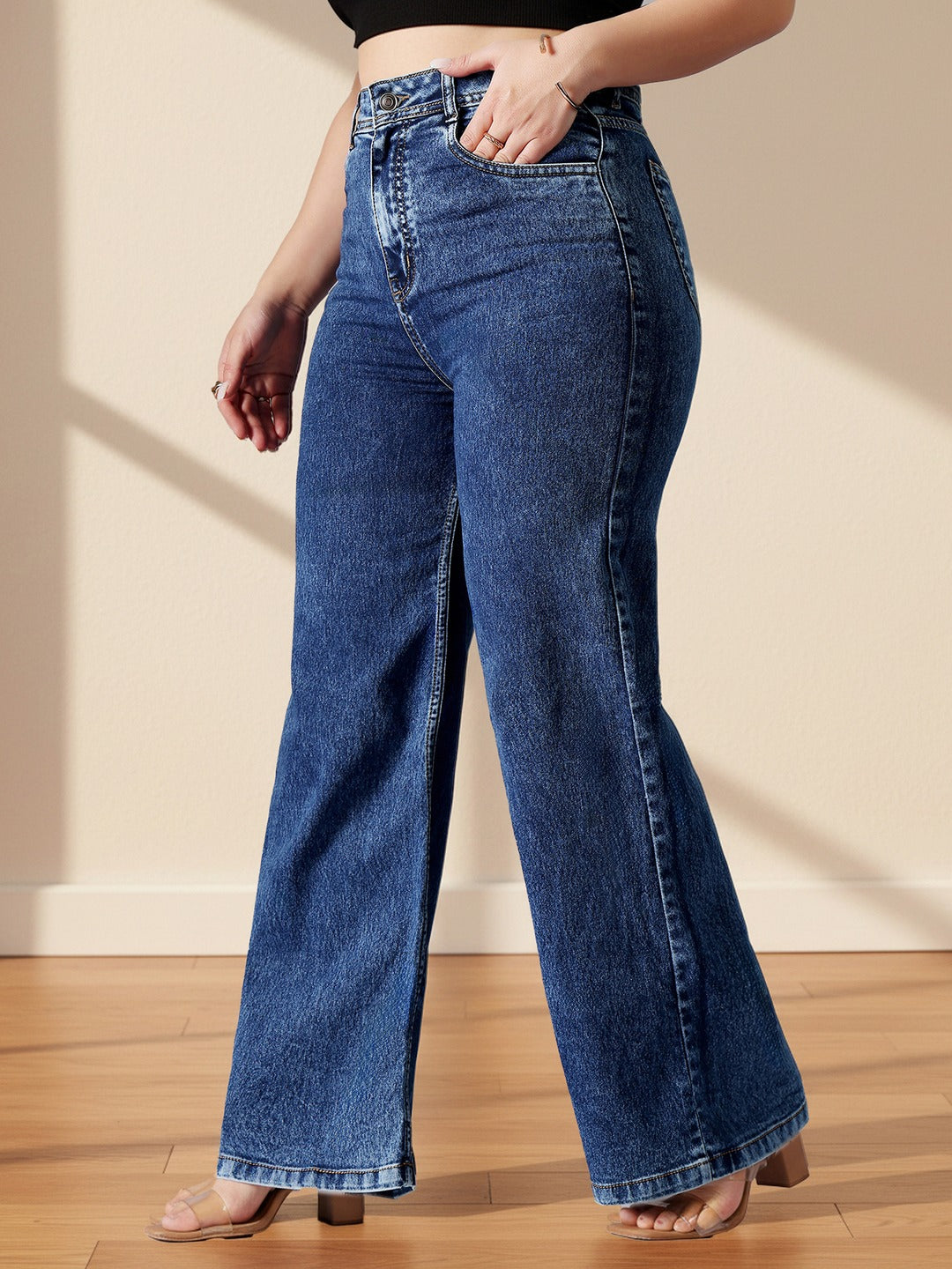Mid Blue Wide-Leg High-Rise Stretchable Denim Jeans for Women
