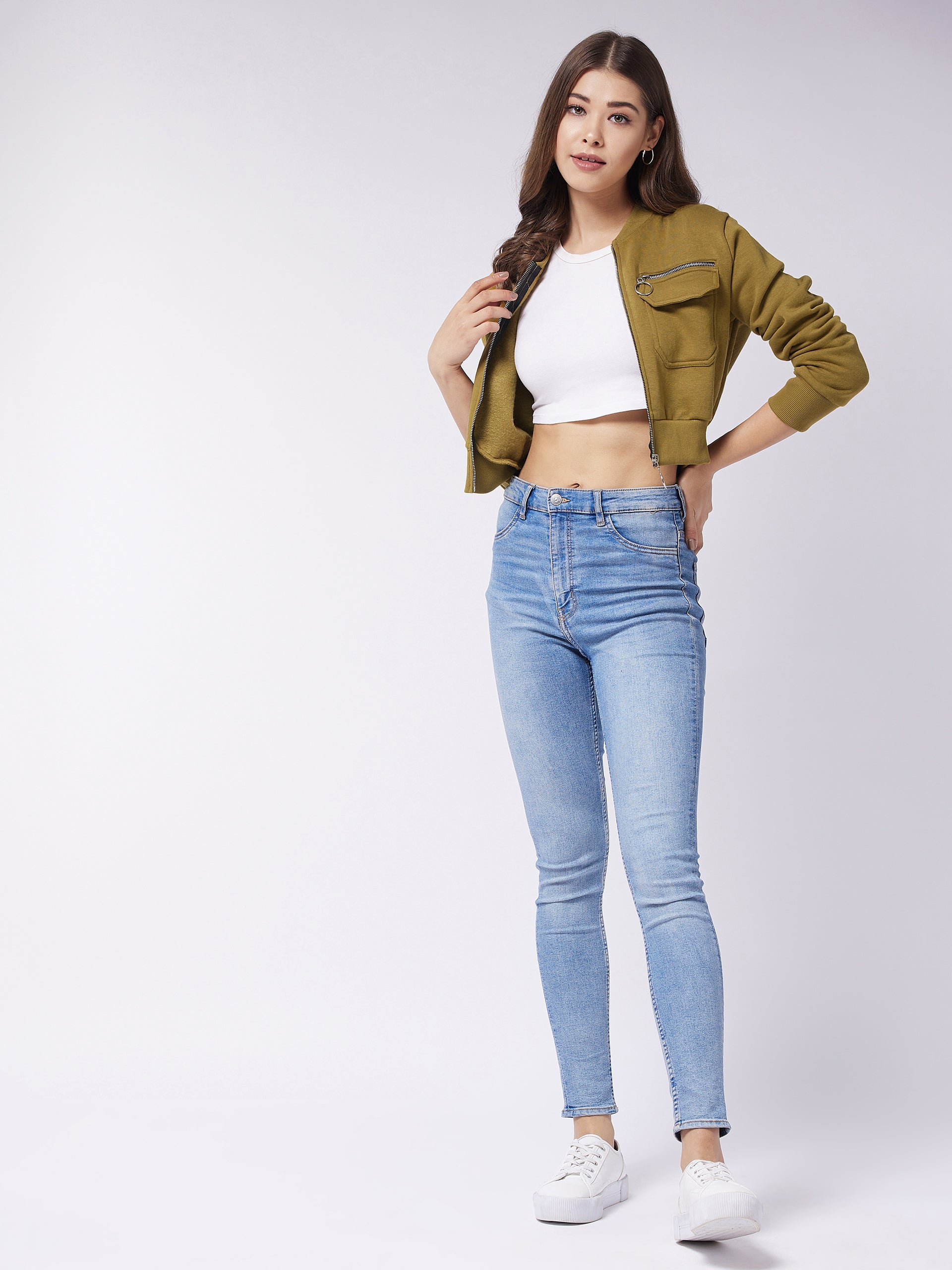 Olive Stand Collar Full Sleeve Solid Boxy/Bomber Crop Jacket for Women