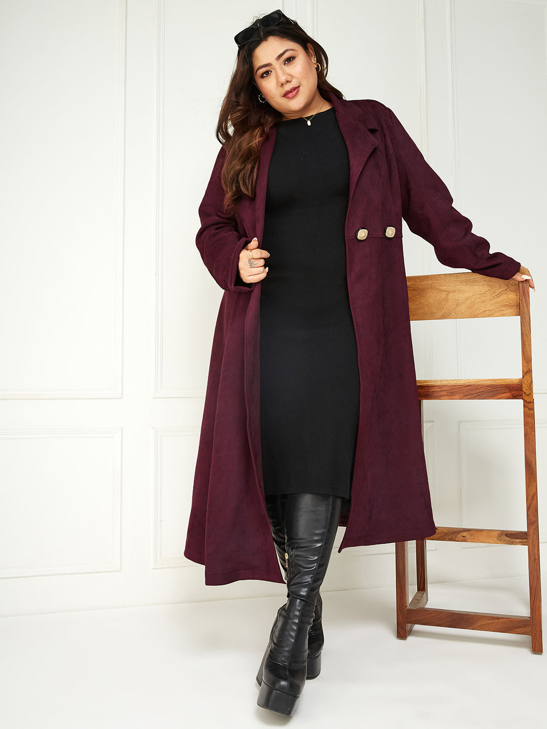 Women's Wine Solid V-Neck Full Sleeves Side Pocketed Polyester Double Breasted Longline Jacket