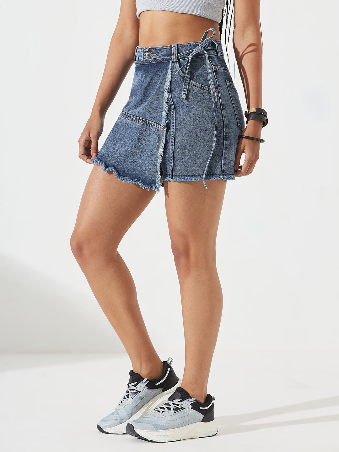 Navy-Blue High-Rise Mild Distress Denim Skorts for Women
