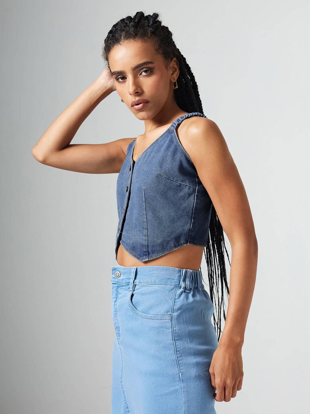 Mid Blue V Neck Elasticated Straps Sleeve Solid Waistcoat-Styled Cropped Denim Top for Women