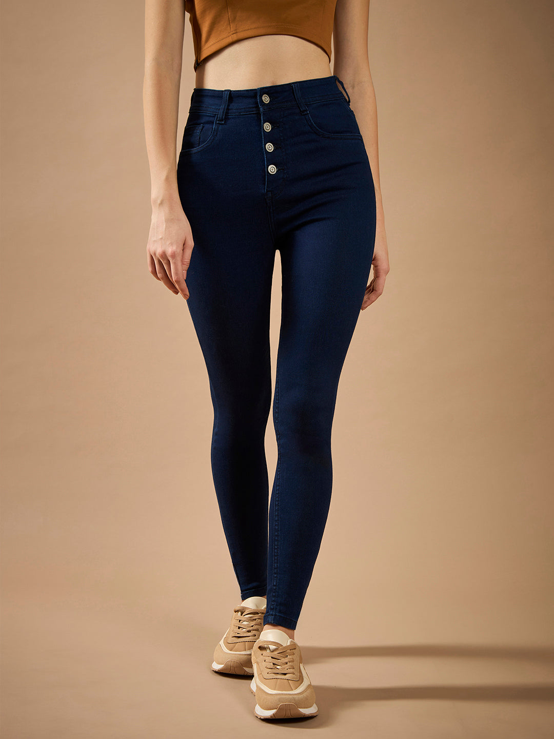 Women's Navy Blue Skinny-Fit High-Rise Regular-Length Clean-Look Stretchable Denim Jeans