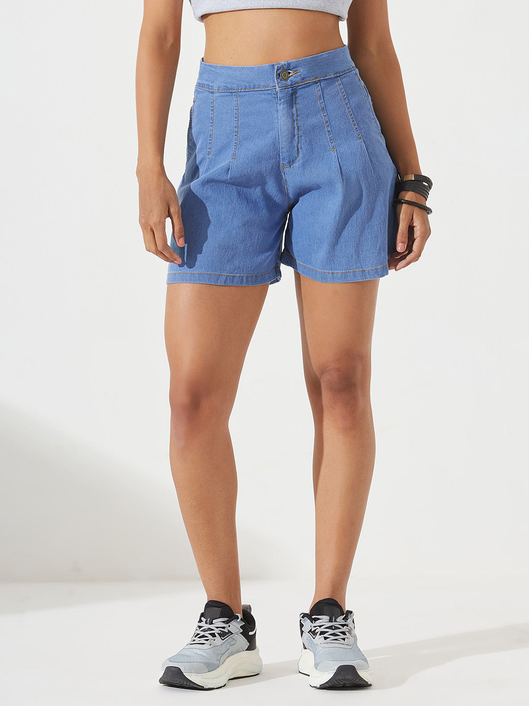 Blue Flared High-Rise Clean-Look Stretchable Special Light-Weight Denim Shorts for Women