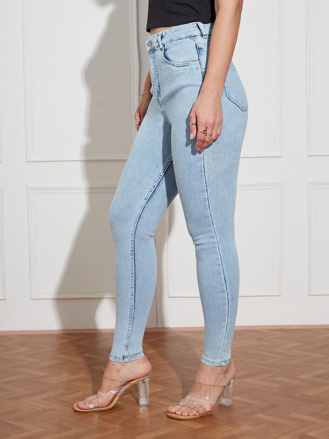 Women's Blue Skinny-Fit High-Rise Clean-Look Regular-Length Stretchable Denim Jeans