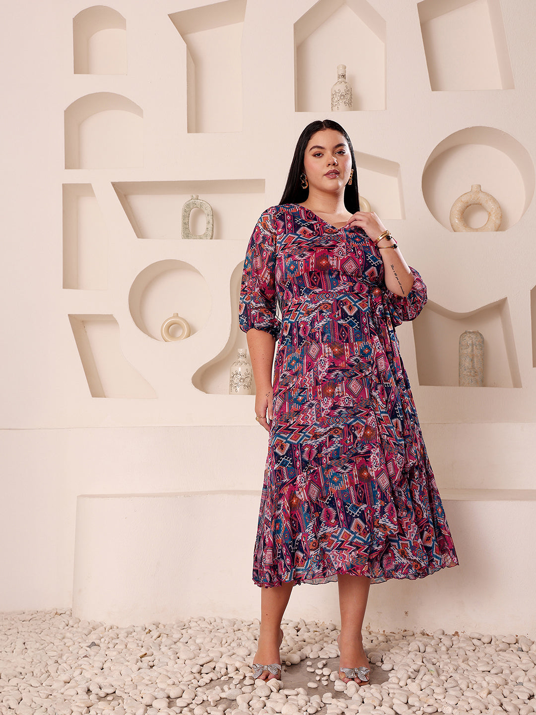 Body Bliss Multicolored V-Neck Three-Quarter Sleeve Geometric Patterned Wrap Midi Chiffon Dress