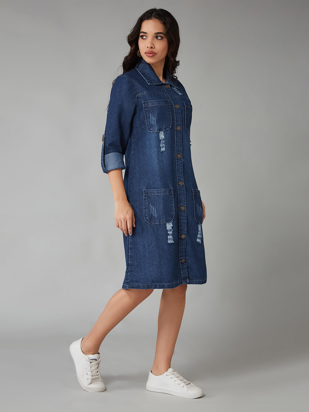 Women's Blue Collared-Neck Full-Sleeve Shirt Dress Styled Knee-Long Denim Jacket