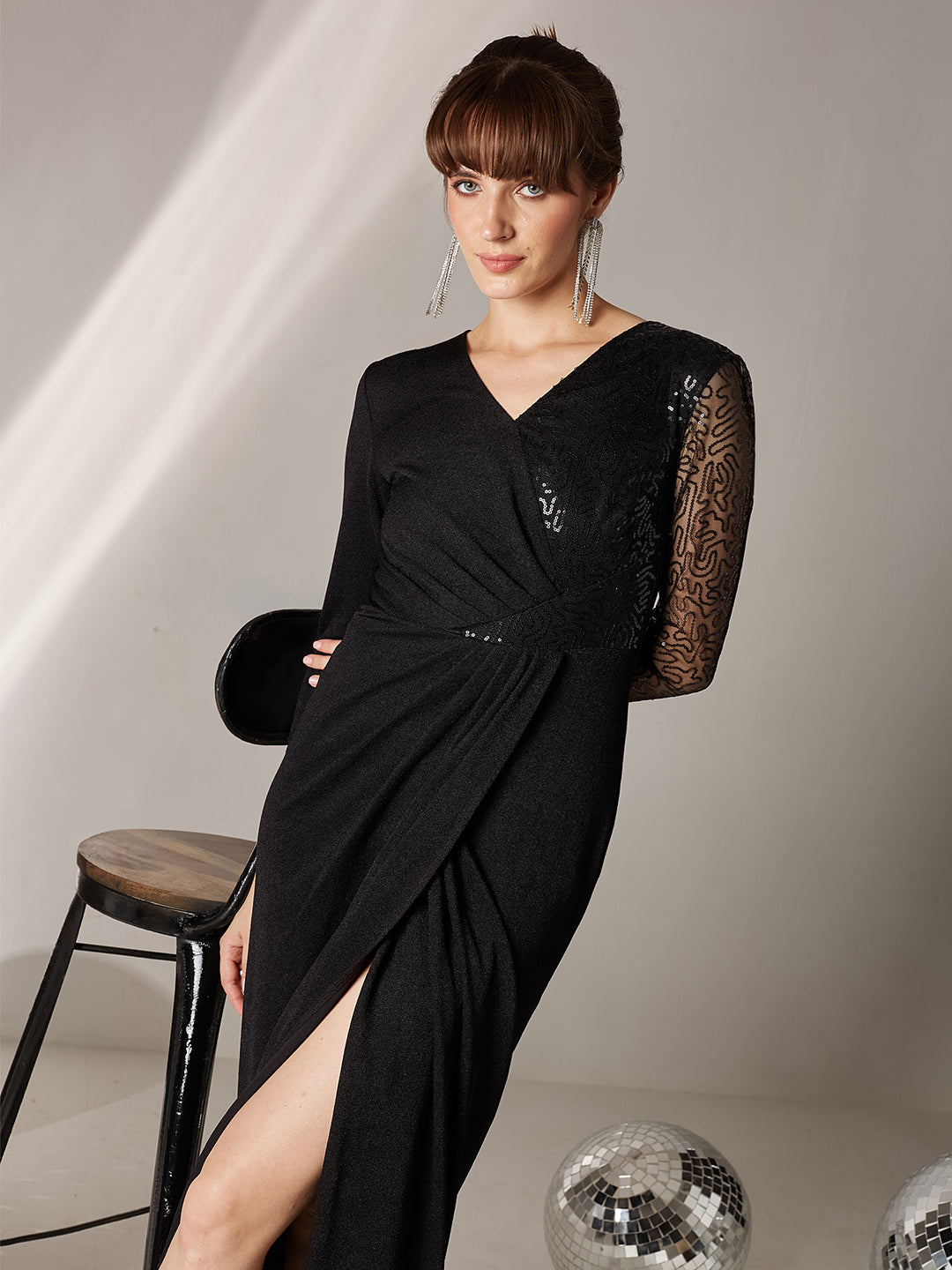 Women's Black V-Neck Full Sleeve Embellished Pleated Longline Dress