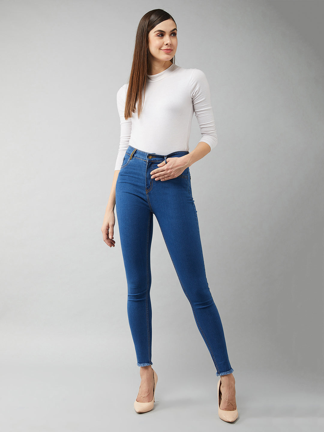 Women's Blue Skinny Fit High Rise Cropped Denim Stretchable Jeans