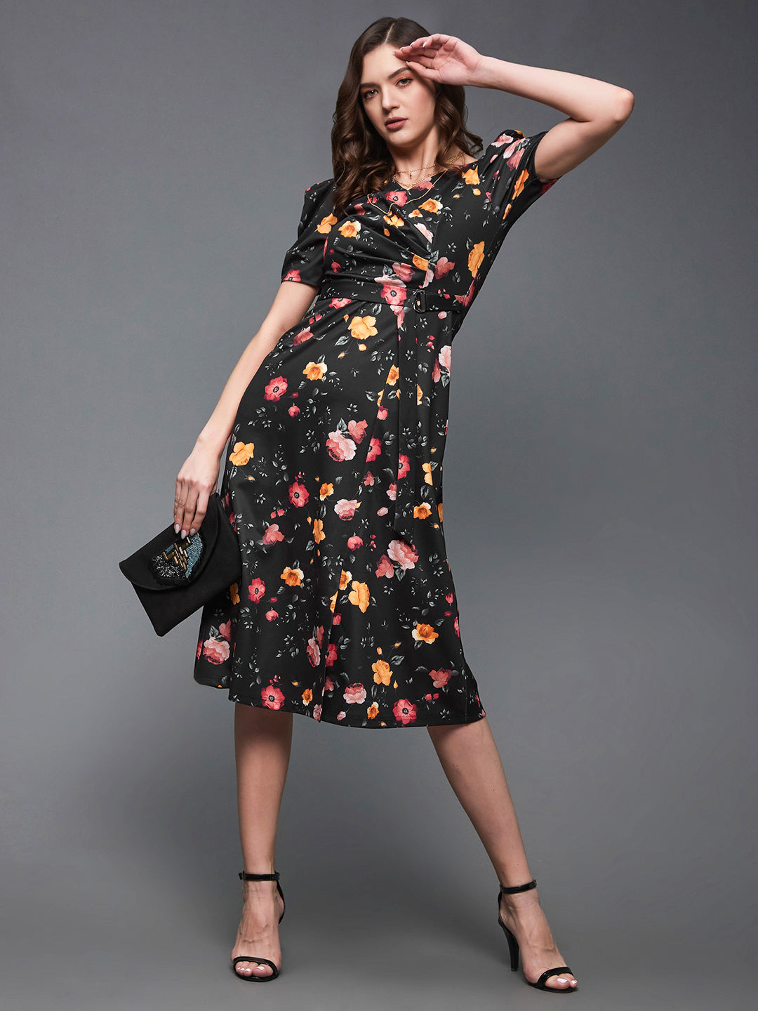 Crease Ease Women's Multicolored-Base-Black V-Neck Pleated Puff Sleeve Floral Patterned Wrap Midi Polyester Dress