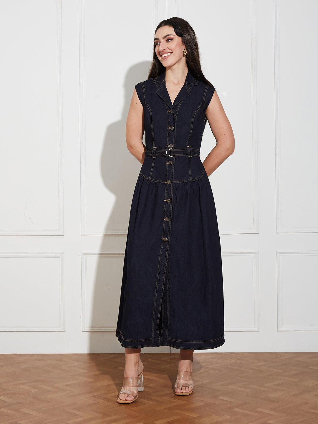 Women's Dark Blue Notched-Collar Sleeveless Solid Drop-Waist Maxi-Length Lightweight Denim Shirt Dress