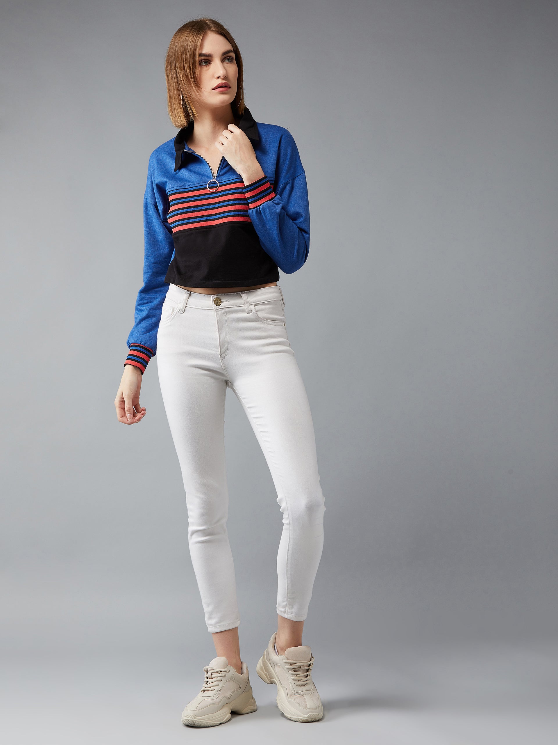 Women's Multicolored- Base- Azure Blue Collared Full Sleeves Loopknit, Rib Striped Color-Block Boxy Cropped Sweatshirt