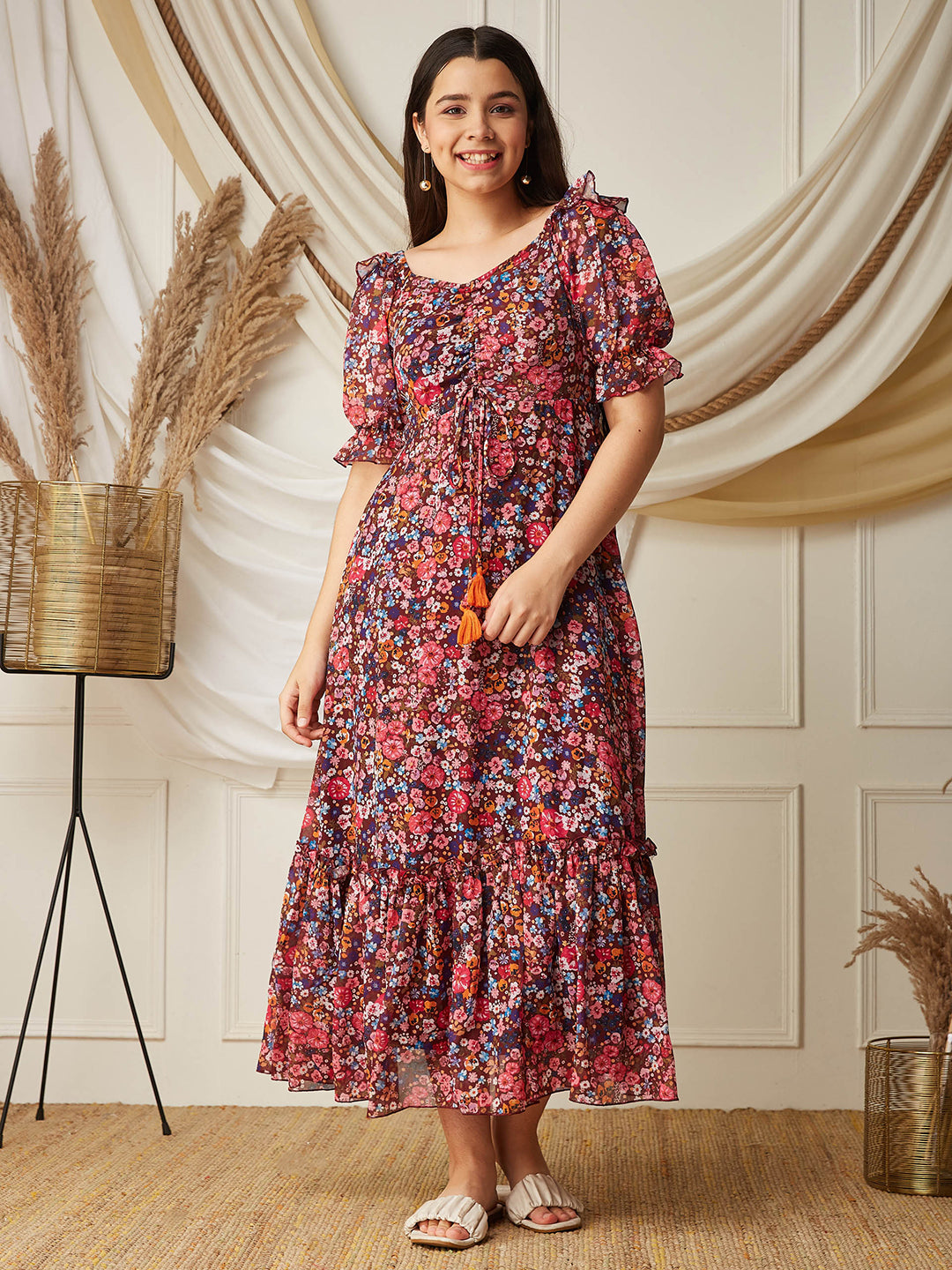 Multicolored-Base-Wine V-Neck Puff Sleeve Floral Ruching Ankle-Length Dress