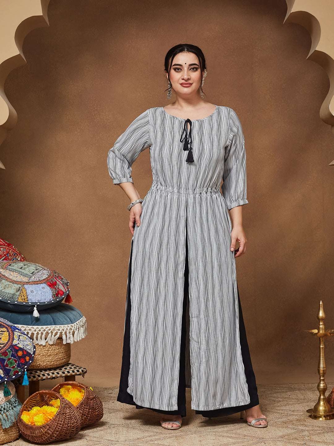 Black & White Round Neck 3/4 Sleeve Striped Tassel Tie-Up Detailing Maxi Top for Women