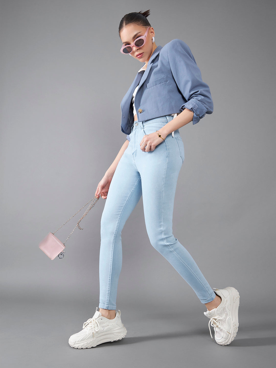 Women's Light Blue Skinny High Rise Distressed Regular Length Ice Wash Denim Jeans